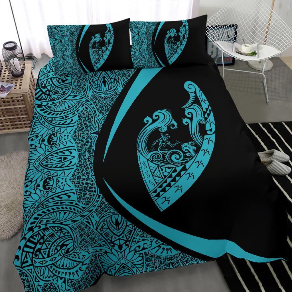 hawaiian surfing waves fish hook duvet cover bedding set circle style blue 4091