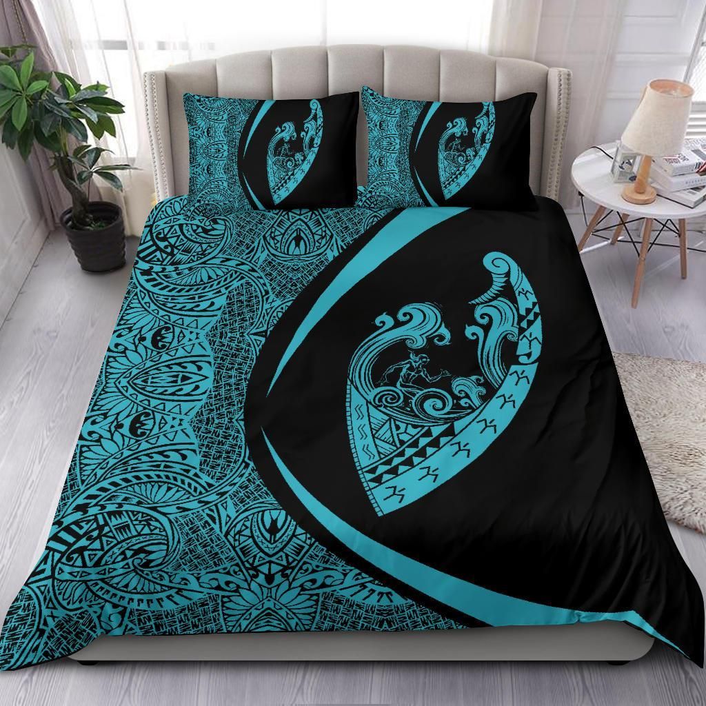 hawaiian surfing waves fish hook duvet cover bedding set circle style blue 5869