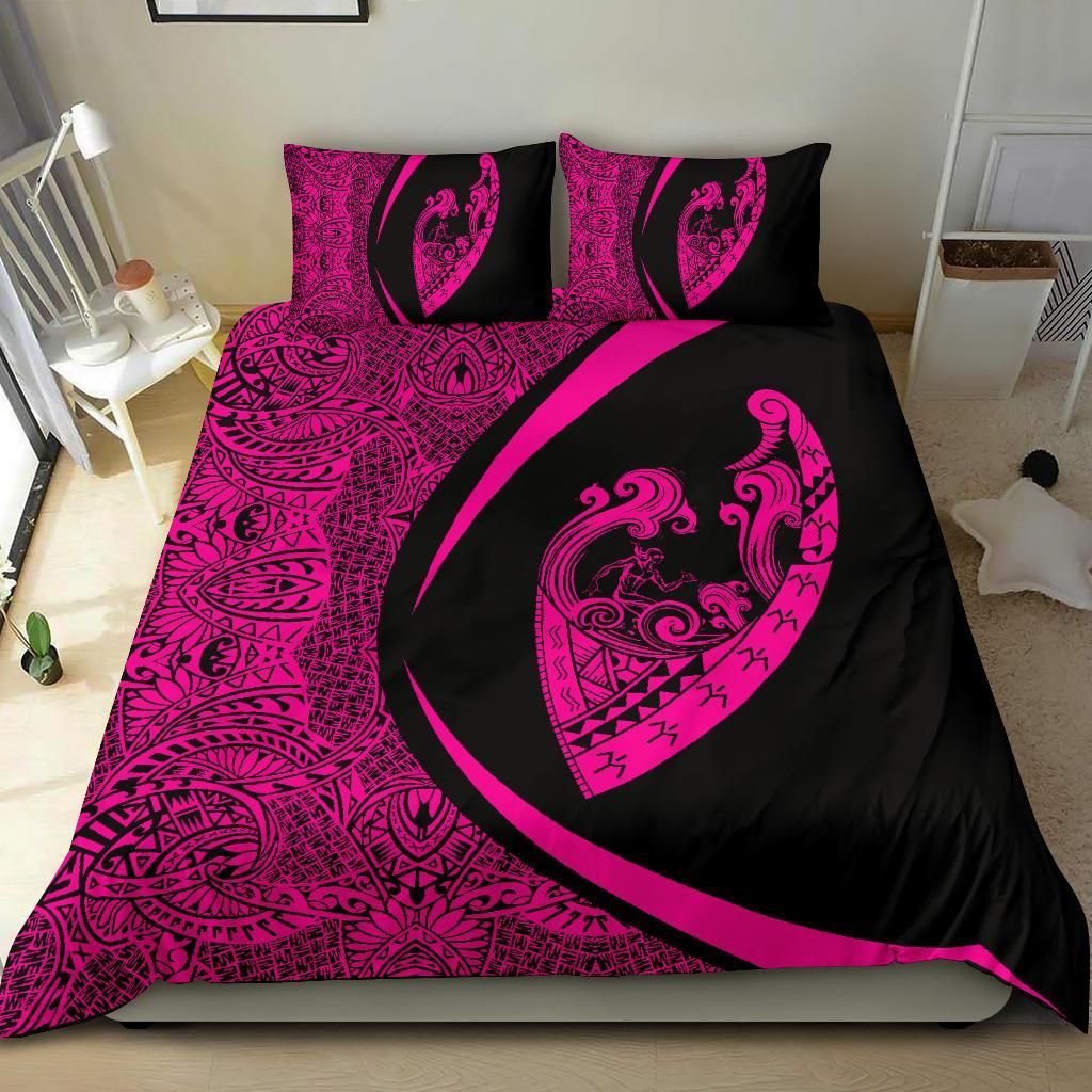 hawaiian surfing waves fish hook polynesian black pink duvet cover bedding set 3653
