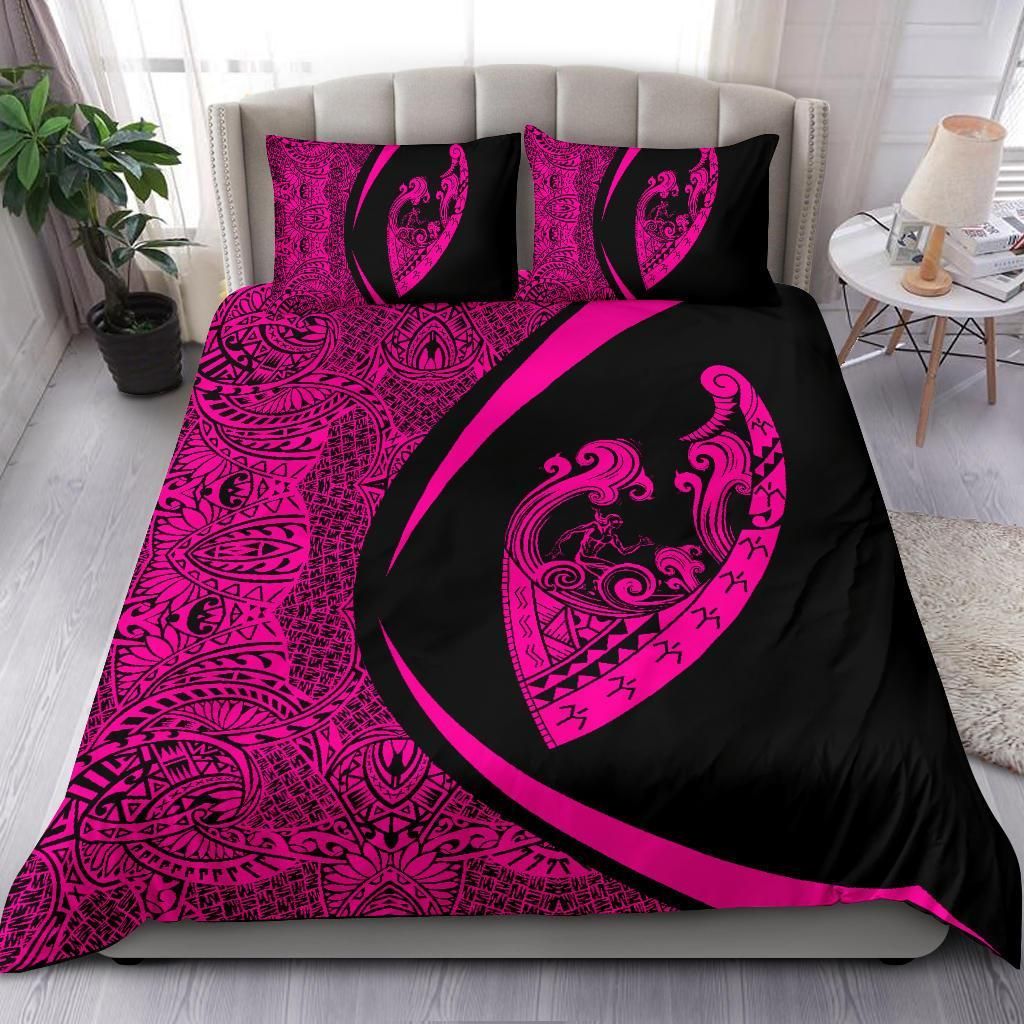 hawaiian surfing waves fish hook polynesian black pink duvet cover bedding set 6700