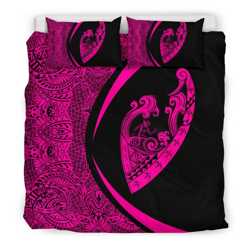 hawaiian surfing waves fish hook polynesian black pink duvet cover bedding set 7002