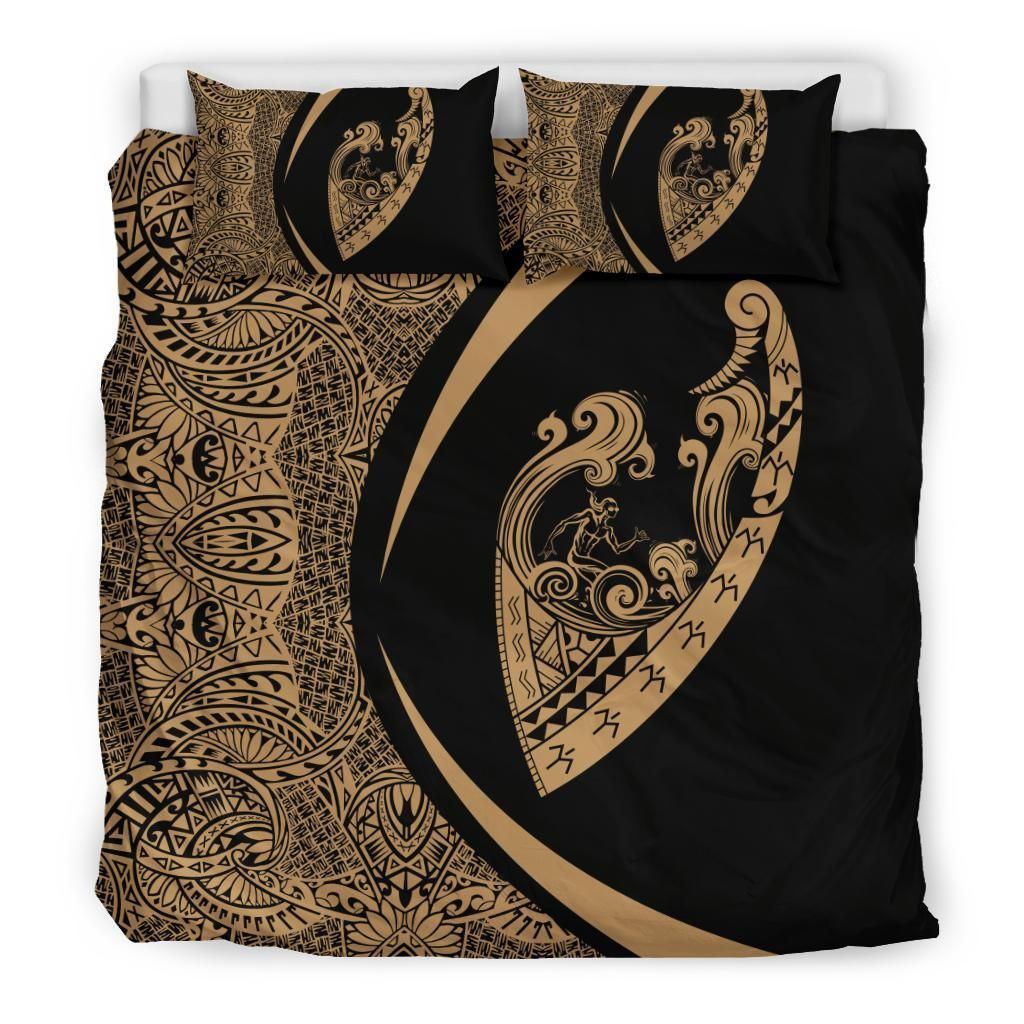 hawaiian surfing waves fish hook polynesian circle style gold duvet cover bedding set 5270