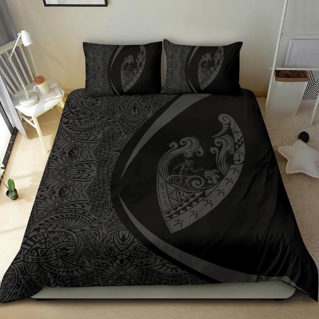 hawaiian surfing waves fish hook polynesian circle style grey duvet cover bedding set 2164