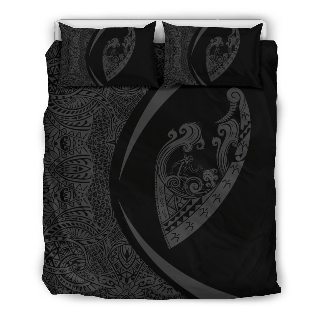 hawaiian surfing waves fish hook polynesian circle style grey duvet cover bedding set 4361