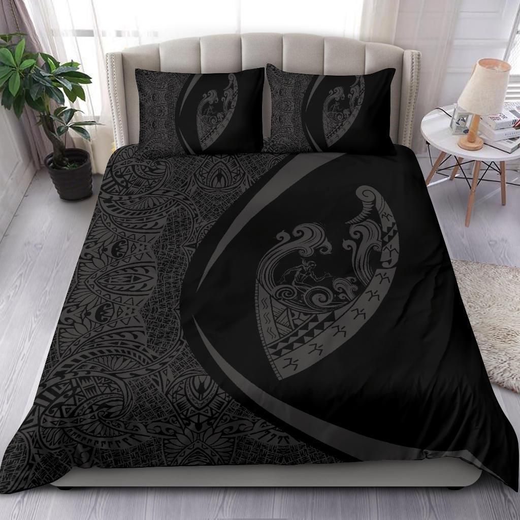 hawaiian surfing waves fish hook polynesian circle style grey duvet cover bedding set 4399