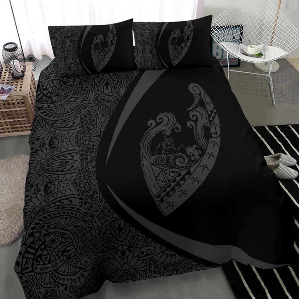 hawaiian surfing waves fish hook polynesian circle style grey duvet cover bedding set 6809