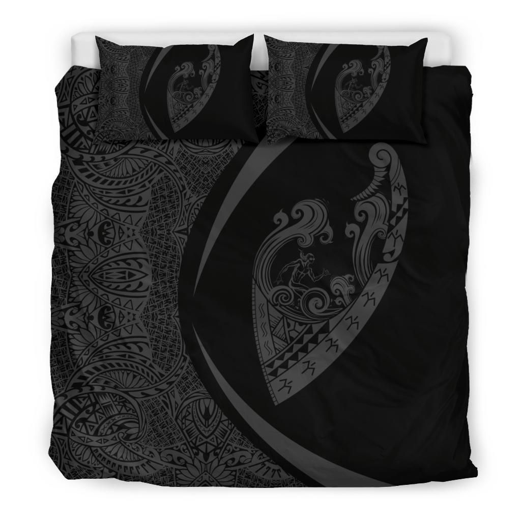 hawaiian surfing waves fish hook polynesian circle style grey duvet cover bedding set 7890