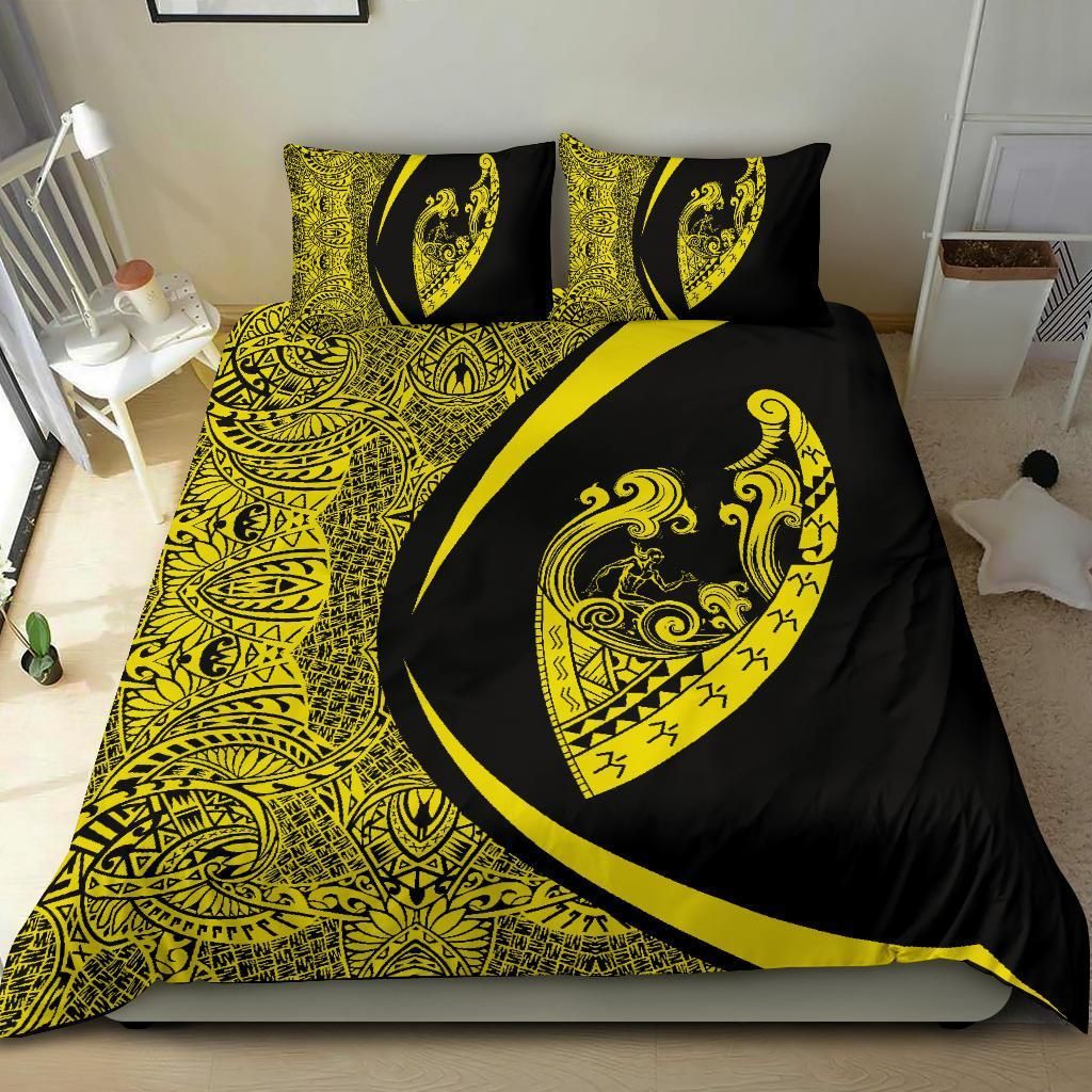 hawaiian surfing waves fish hook polynesian circle style yellow duvet cover bedding set 3215