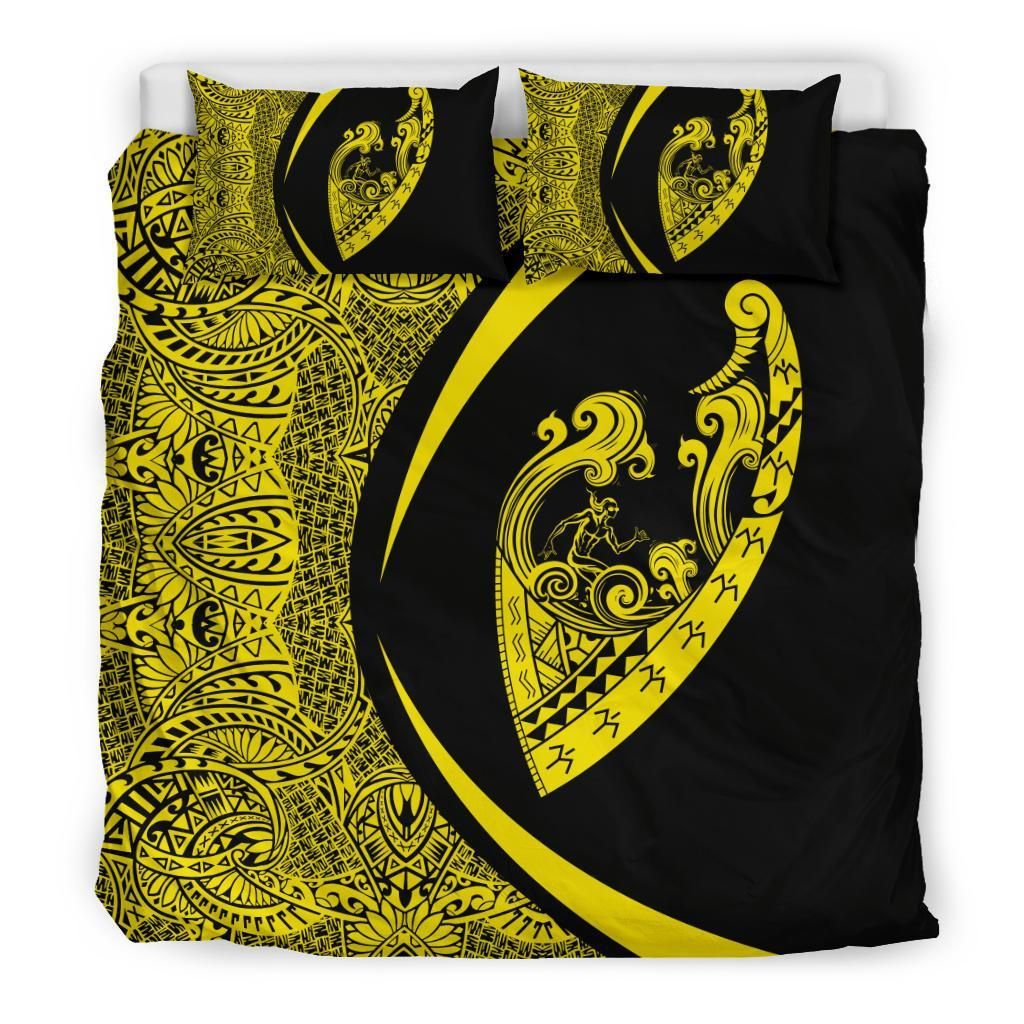 hawaiian surfing waves fish hook polynesian circle style yellow duvet cover bedding set 6193