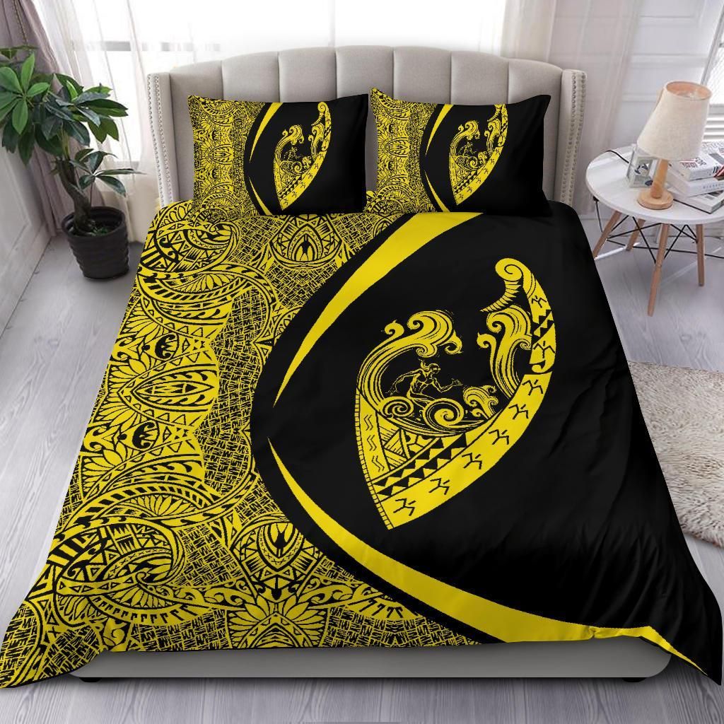 hawaiian surfing waves fish hook polynesian circle style yellow duvet cover bedding set 7837