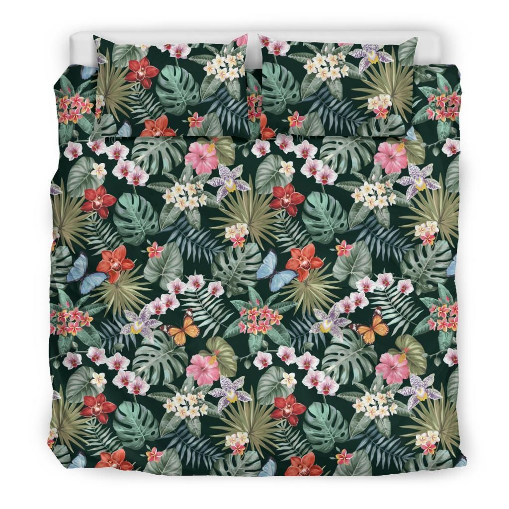 hawaiian tropical butterfly plumeria hibiscus orchids pattern with palm leaves polynesian duvet cover bedding set 2211