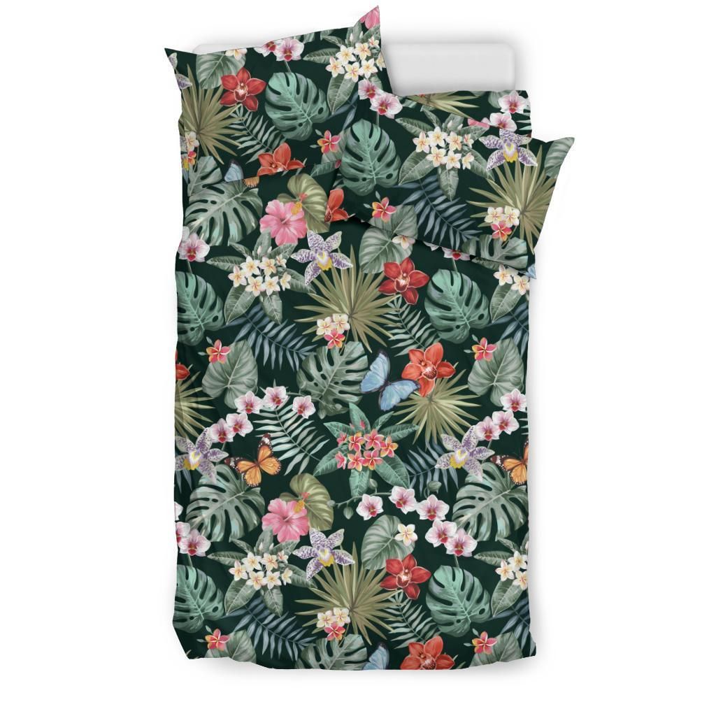 hawaiian tropical butterfly plumeria hibiscus orchids pattern with palm leaves polynesian duvet cover bedding set 4706
