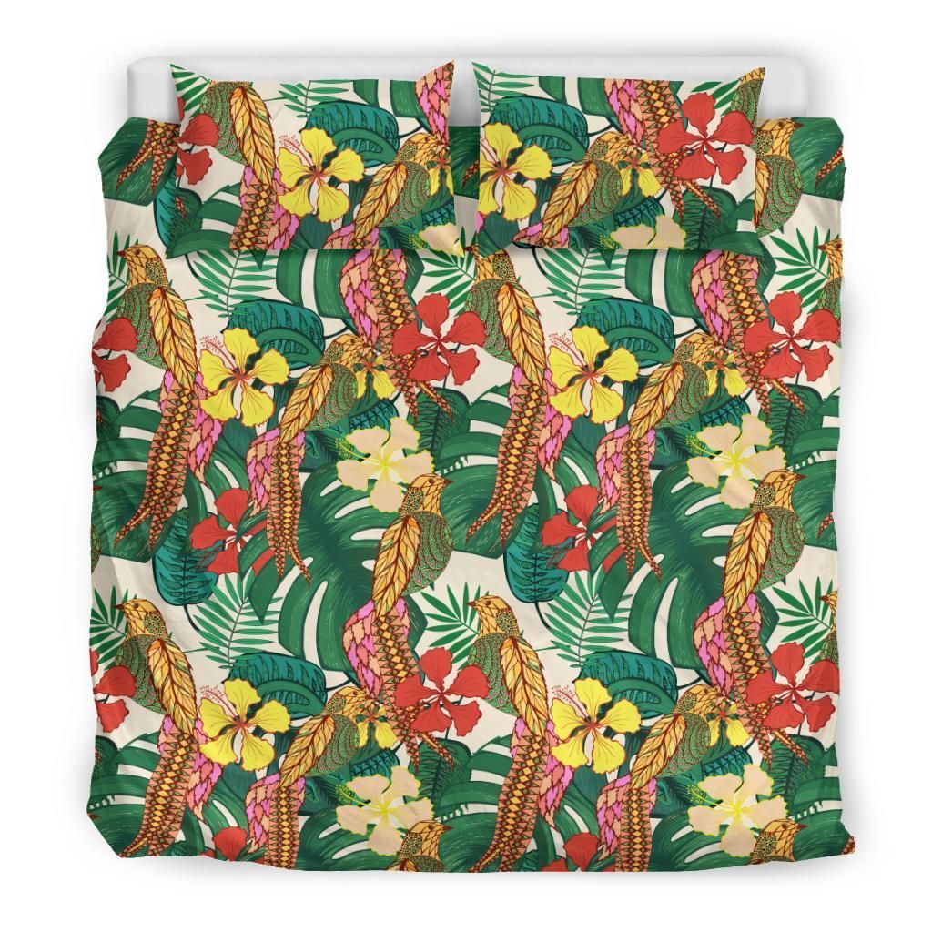 hawaiian tropical leaves flowers and birds floral jungle polynesian duvet cover bedding set 5719