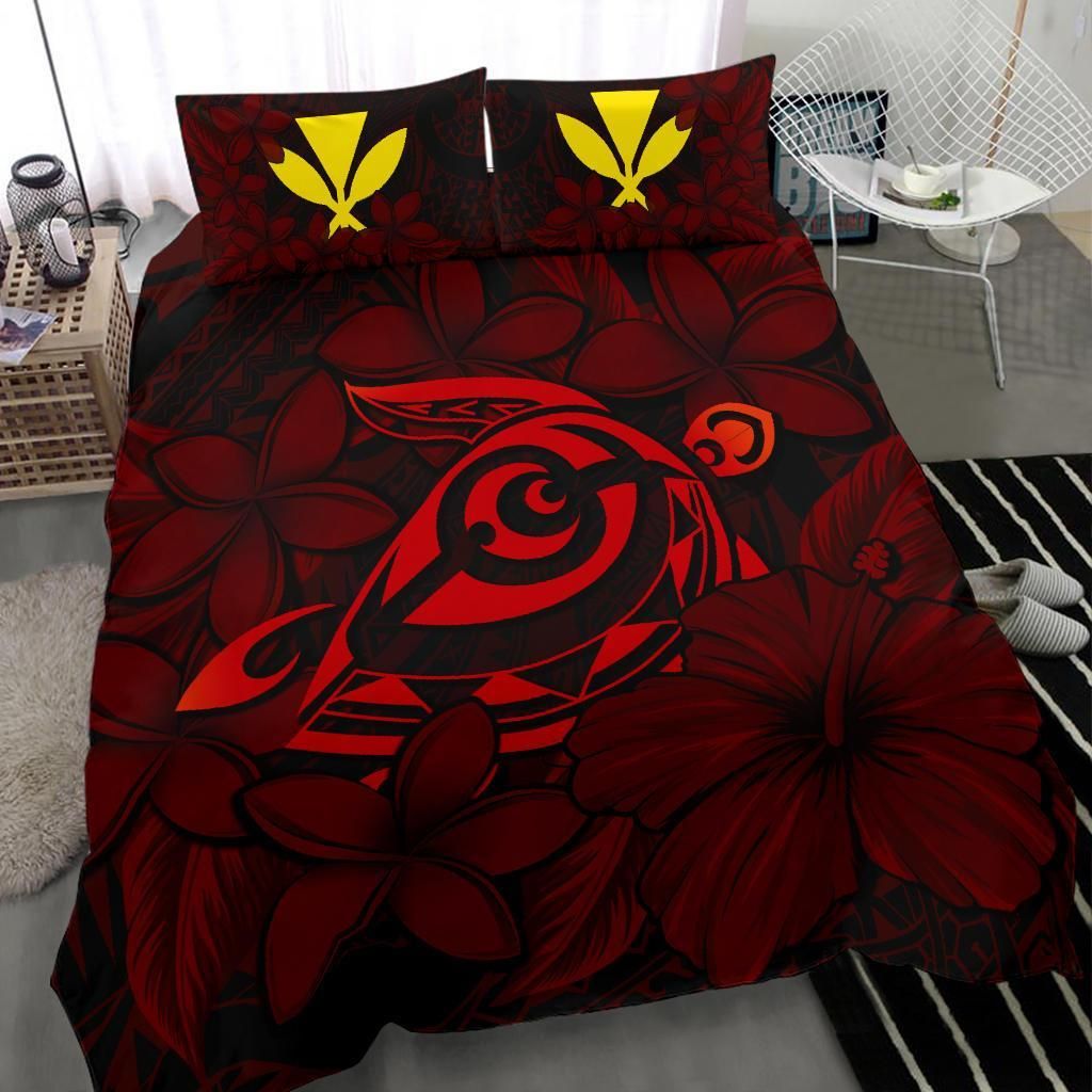 hawaiian turtle hibiscus plumeria kanaka polynesian red duvet cover bedding set 3081