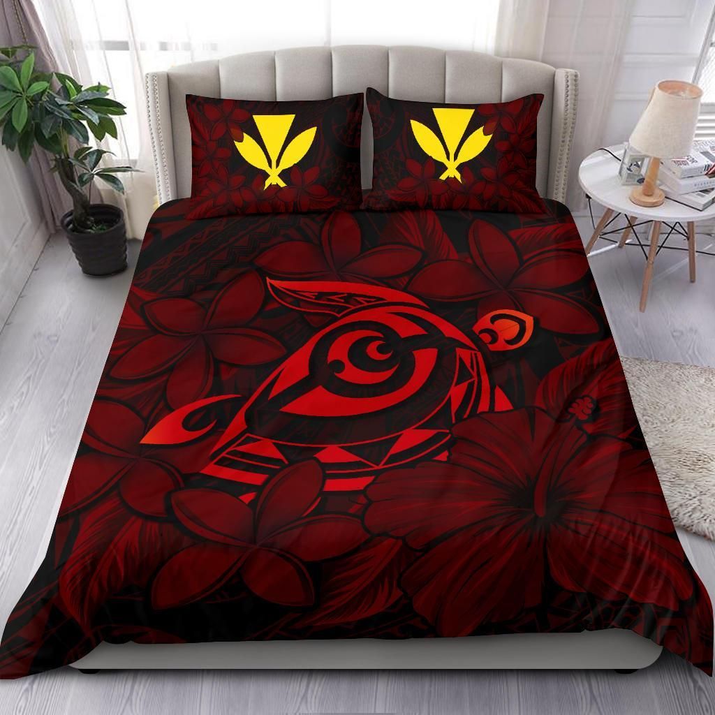 hawaiian turtle hibiscus plumeria kanaka polynesian red duvet cover bedding set 5444