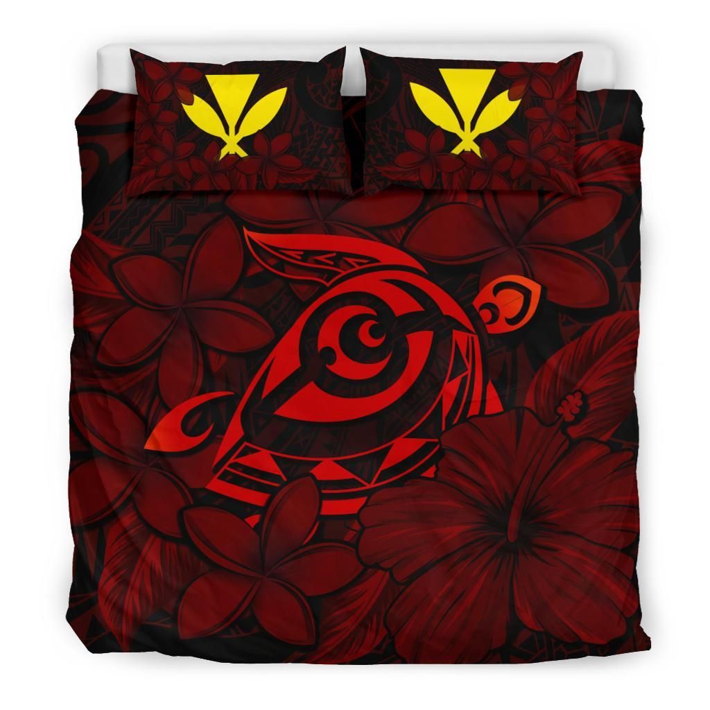 hawaiian turtle hibiscus plumeria kanaka polynesian red duvet cover bedding set 5825