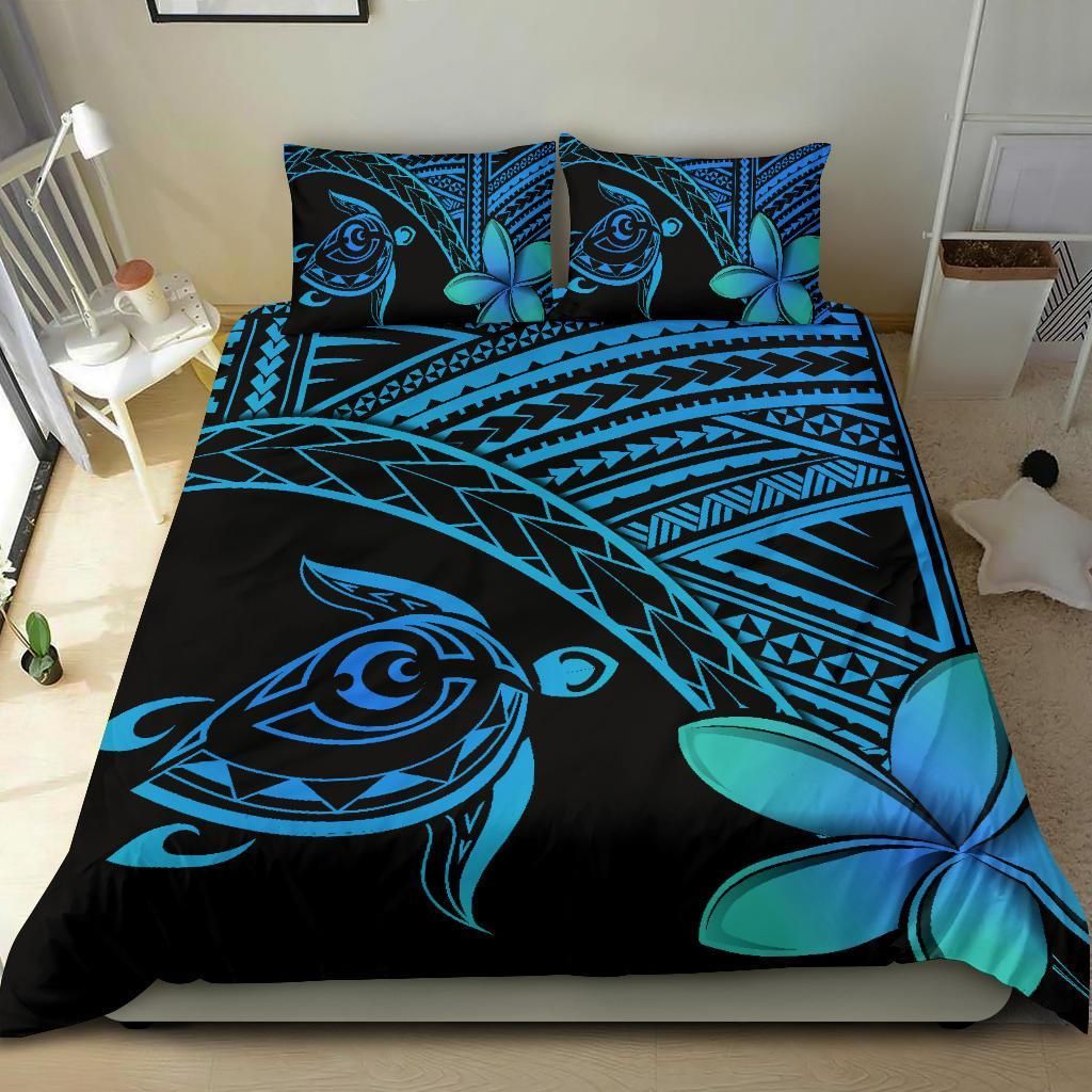 hawaiian turtle kakau plumeria polynesian blue duvet cover bedding set 2124
