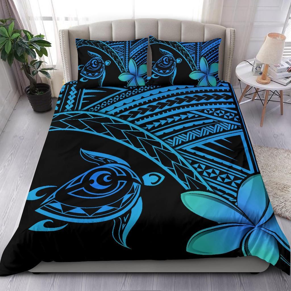 hawaiian turtle kakau plumeria polynesian blue duvet cover bedding set 2378