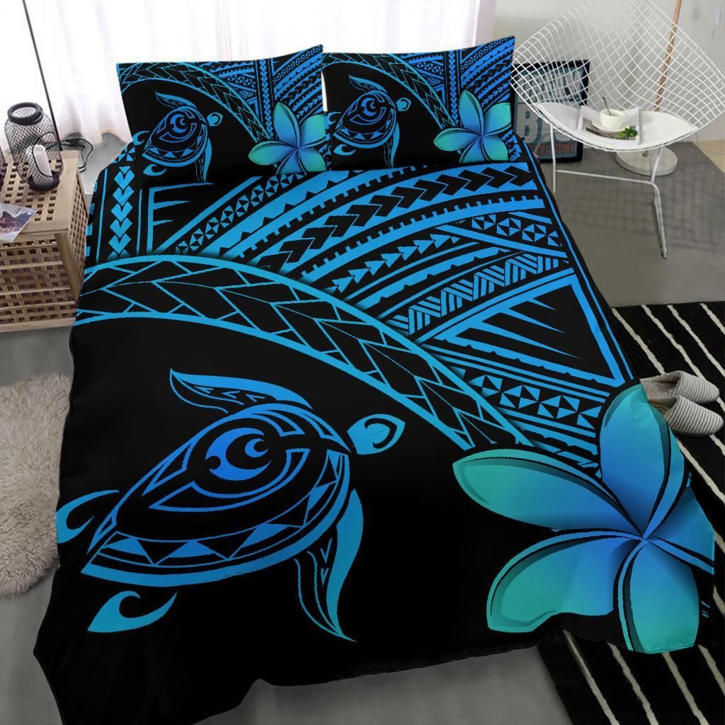 hawaiian turtle kakau plumeria polynesian blue duvet cover bedding set 2658