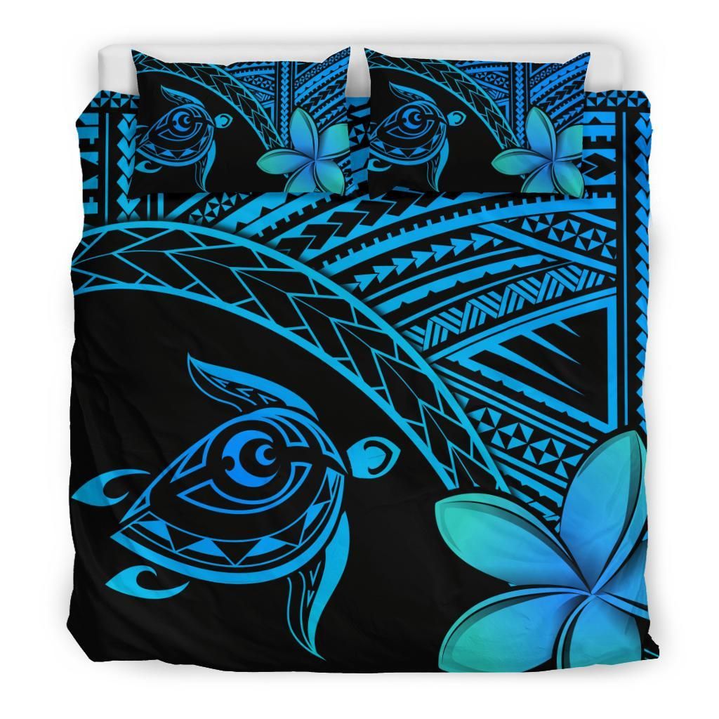 hawaiian turtle kakau plumeria polynesian blue duvet cover bedding set 2965
