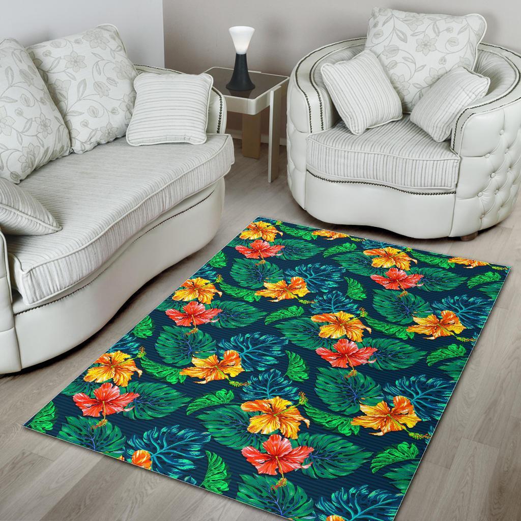 hibiscus monstera hawaii pattern print area rug floor decor 1898