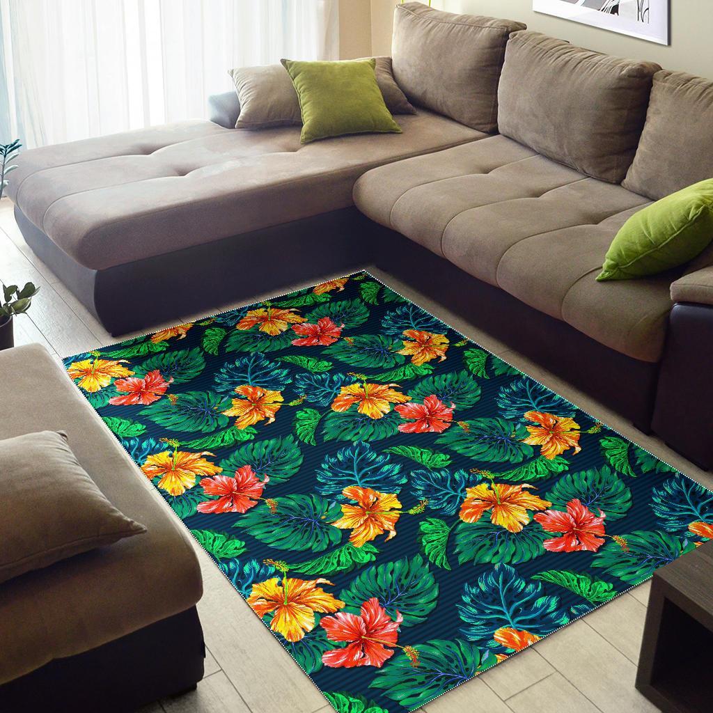 hibiscus monstera hawaii pattern print area rug floor decor 2586