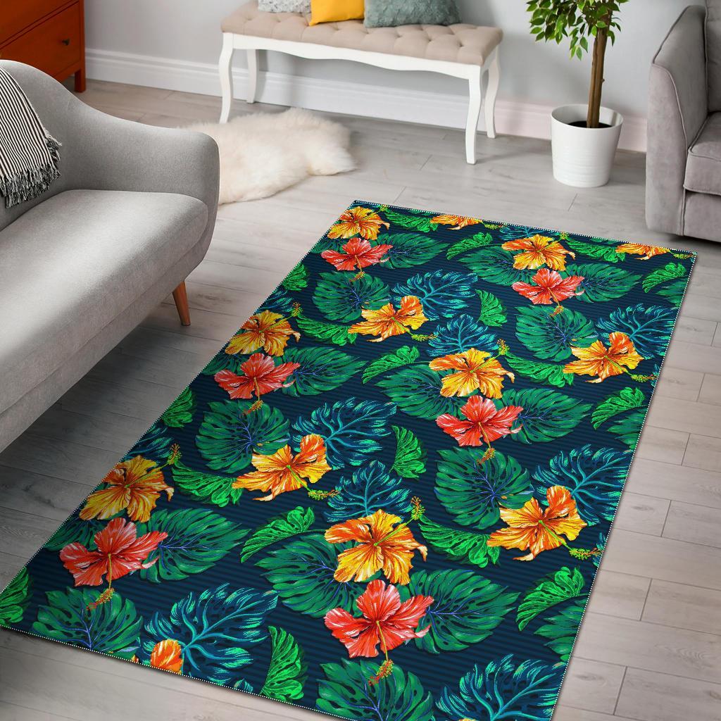 hibiscus monstera hawaii pattern print area rug floor decor 7256