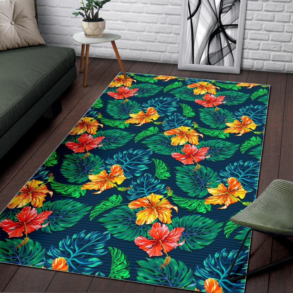 hibiscus monstera hawaii pattern print area rug floor decor 8587