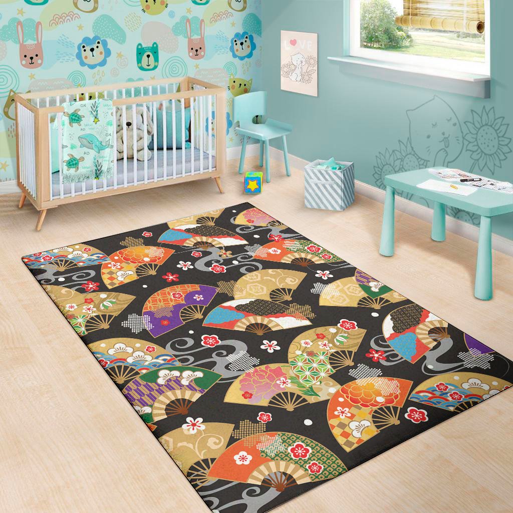 japanese hand fan pattern print area rug floor decor 3690