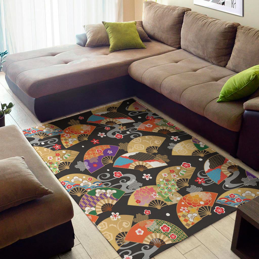 japanese hand fan pattern print area rug floor decor 7599