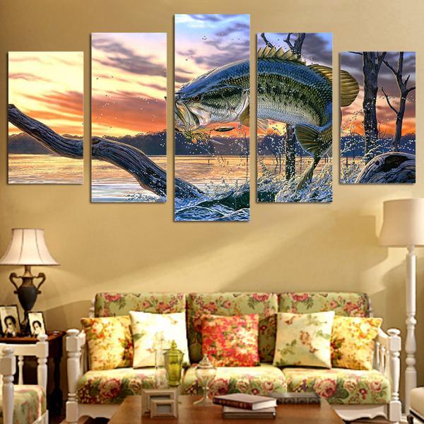 Jumping bass fish fishing Lake River Panel Wart on Canvas Picture Print Poster 