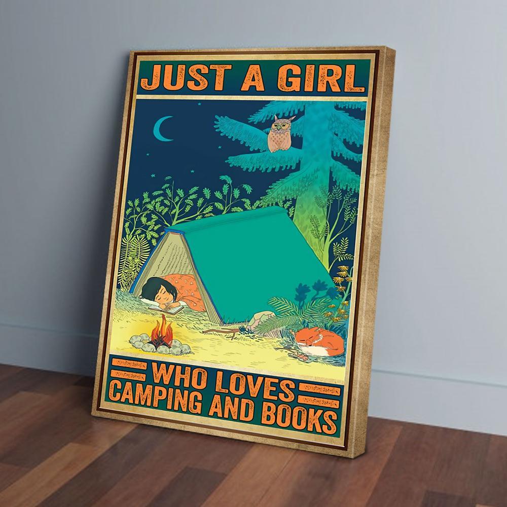 just a girl loves camping and books canvas prints wall art decor 1564