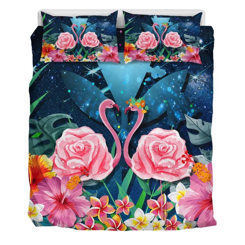 kanaka flamingo couple rose hibiscus plumeria love universe duvet cover bedding set 1082