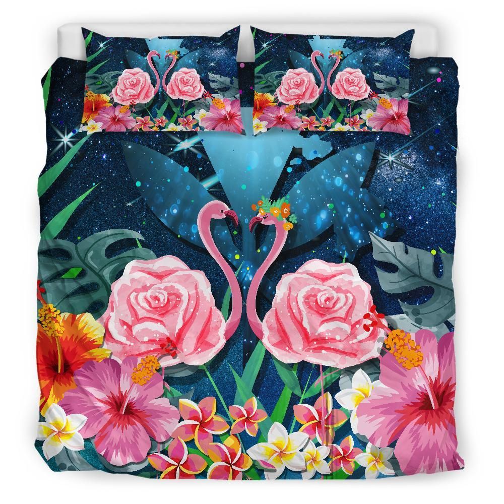 kanaka flamingo couple rose hibiscus plumeria love universe duvet cover bedding set 1642