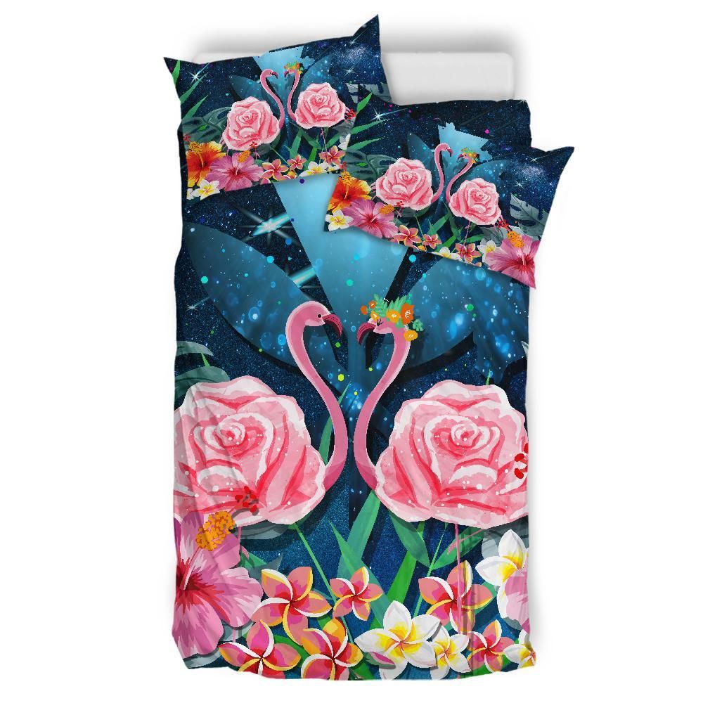 kanaka flamingo couple rose hibiscus plumeria love universe duvet cover bedding set 6650