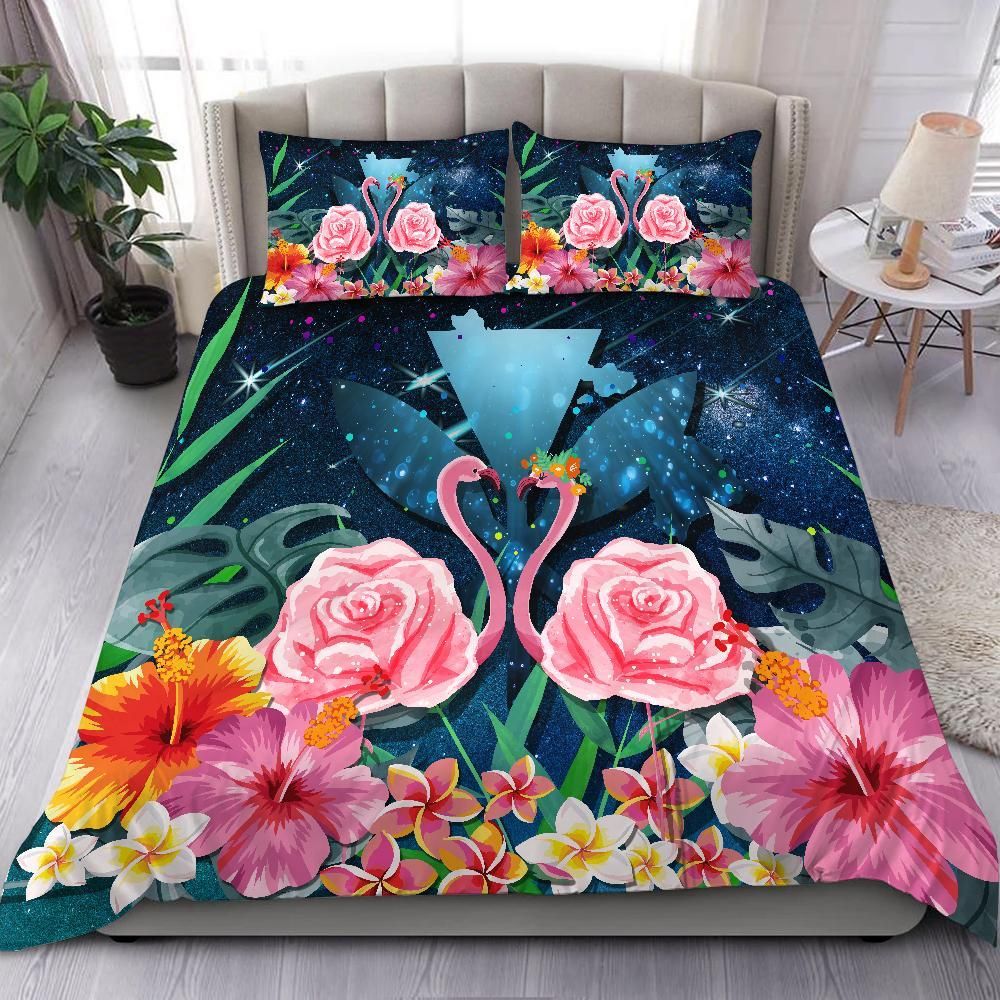 kanaka flamingo couple rose hibiscus plumeria love universe duvet cover bedding set 8953