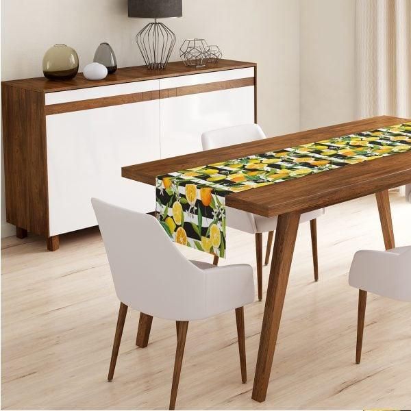 lemon on stripe black and white nice ornamental printed table runner 7631