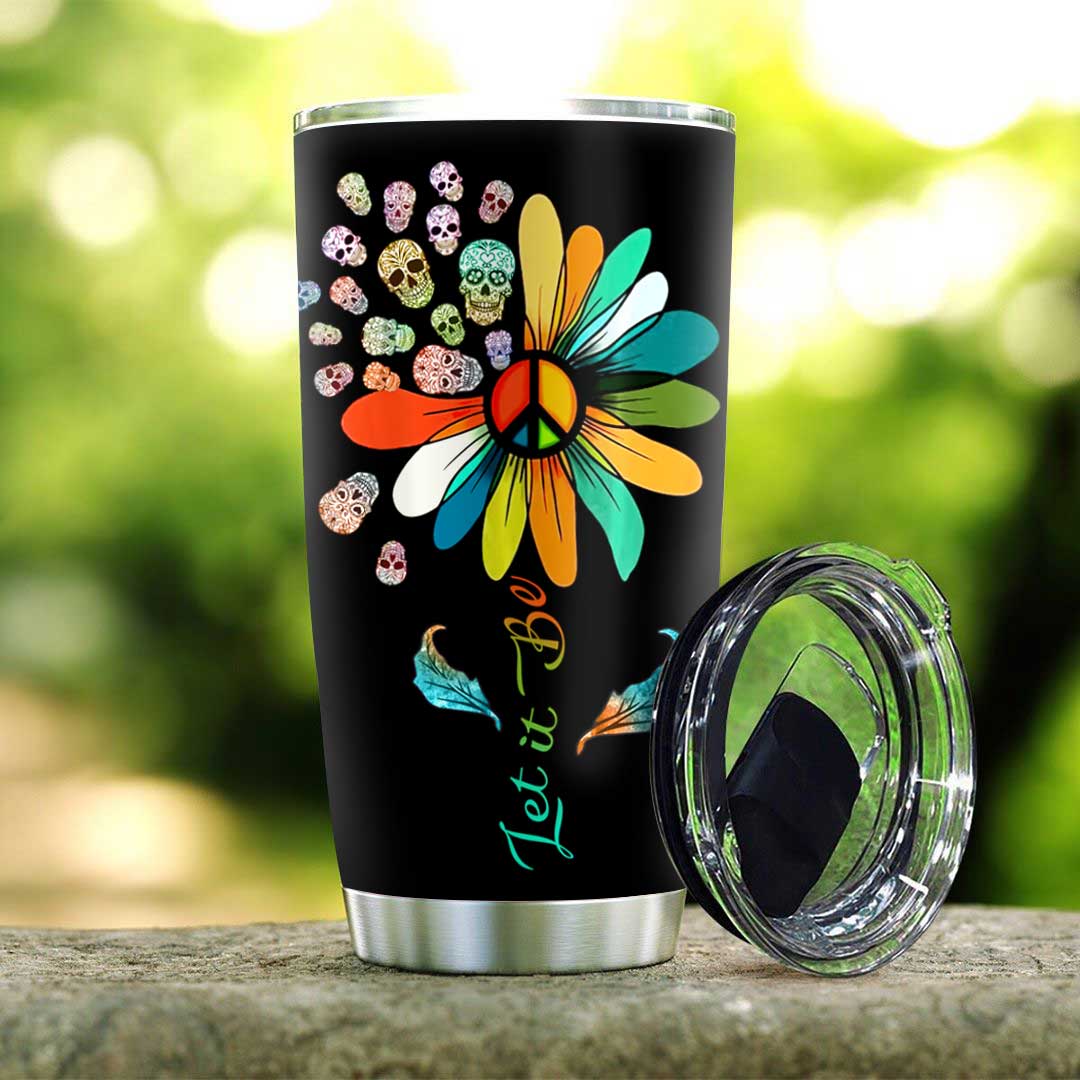 let it be daisy hippie flower skull stainless steel tumbler 3496