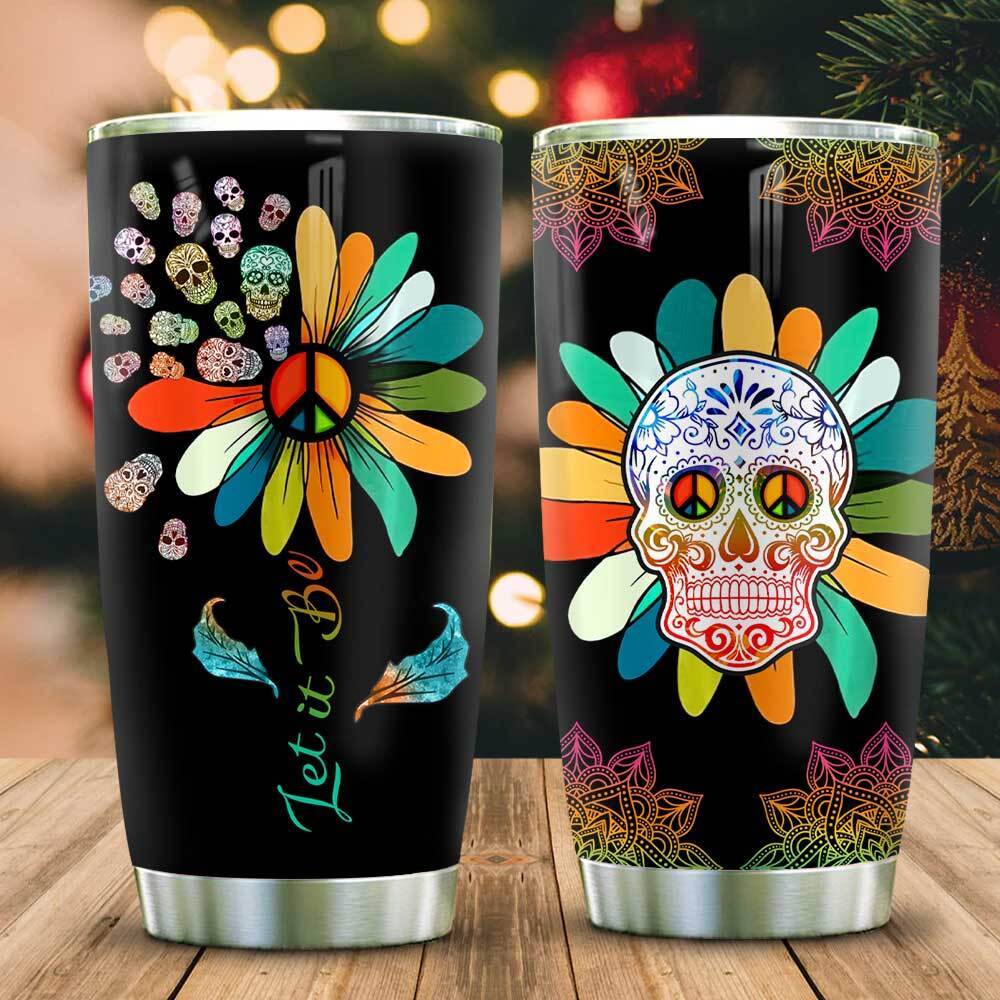 let it be daisy hippie flower skull stainless steel tumbler 5330