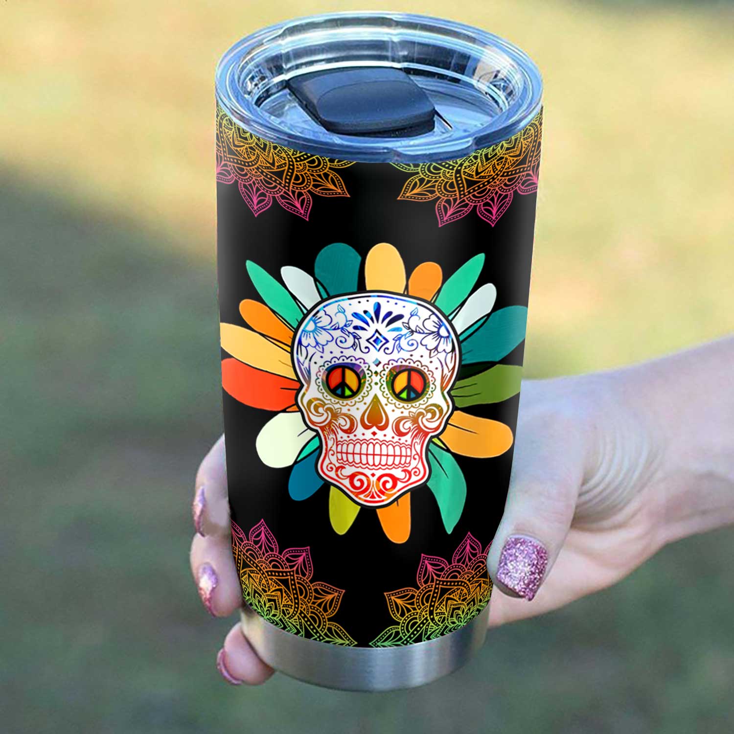 let it be daisy hippie flower skull stainless steel tumbler 6457