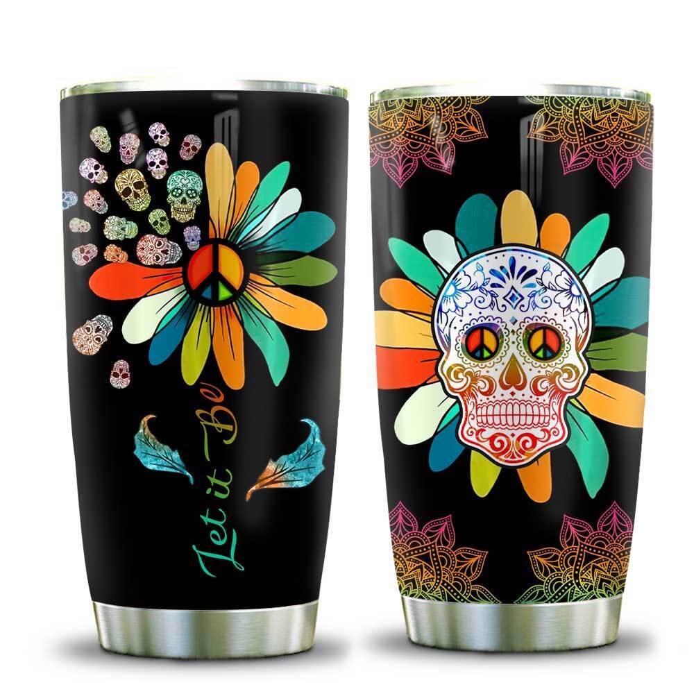 let it be daisy hippie flower skull stainless steel tumbler 6768