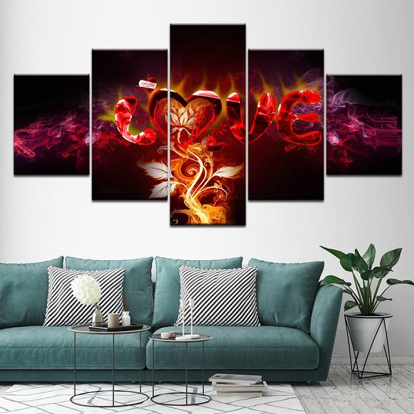letters love fire flower abstract 5 panel canvas art wall decor 1446