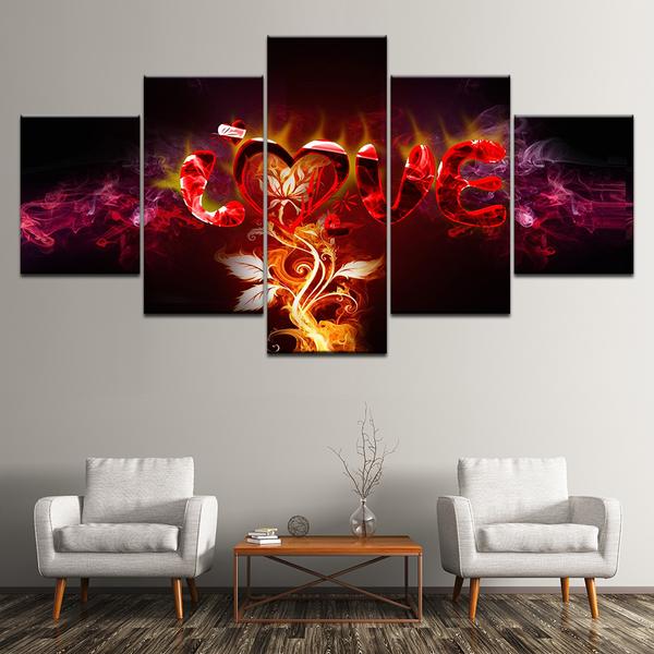letters love fire flower abstract 5 panel canvas art wall decor 8378