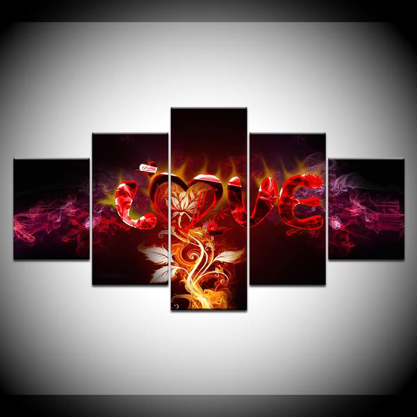 letters love fire flower abstract 5 panel canvas art wall decor 8825
