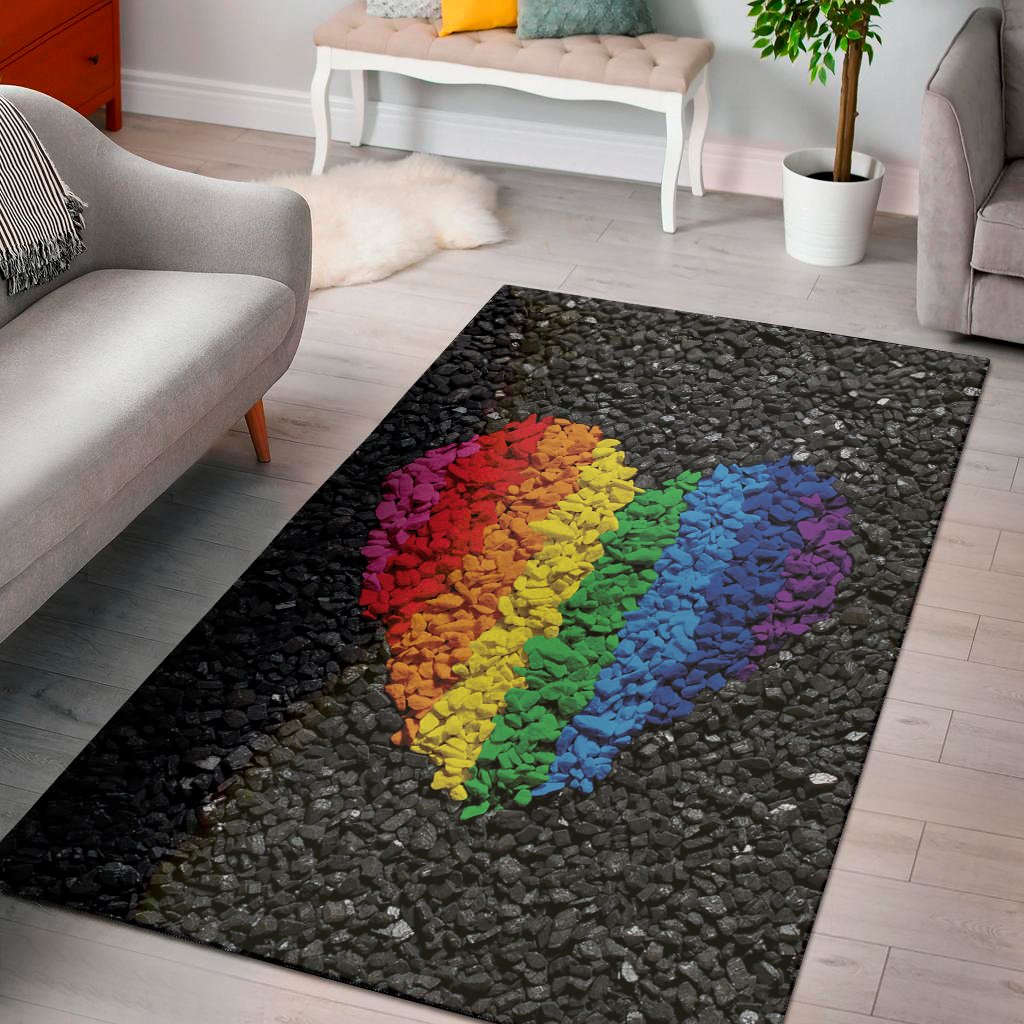 lgbt pride rainbow heart stones print area rug floor decor 4387