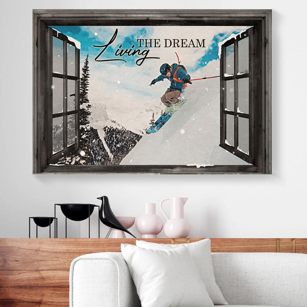 living the dream skiing window view horizontal canvas prints wall art decor 5707