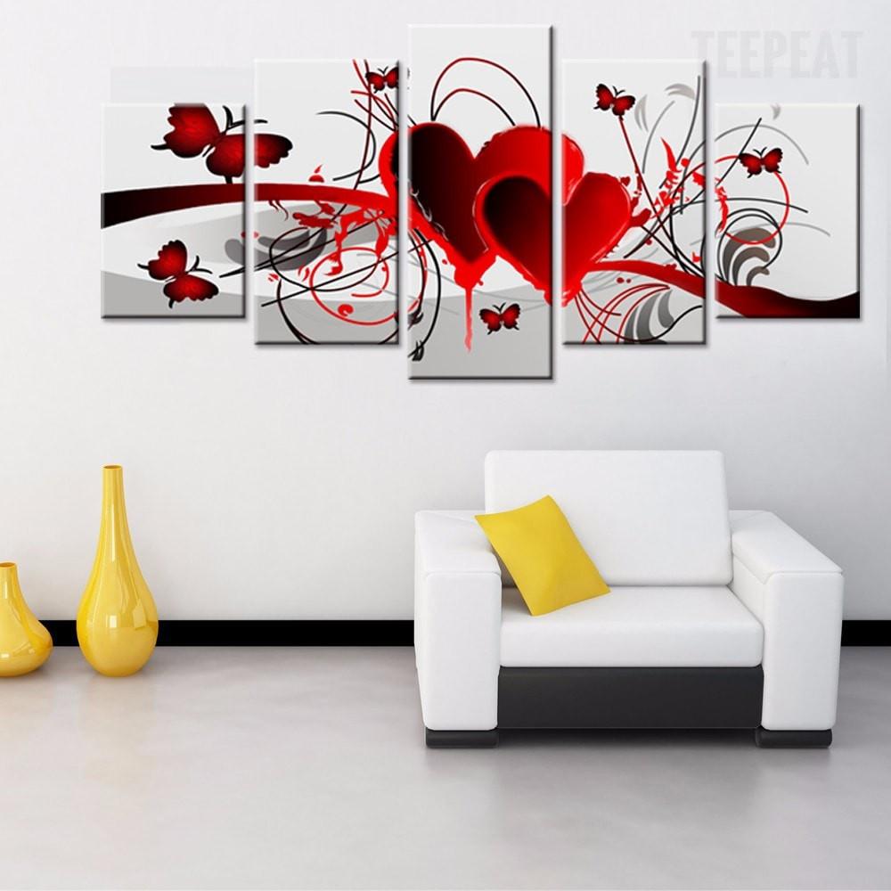 lovely hearts and butterflies abstract 5 panel canvas art wall decor 4915