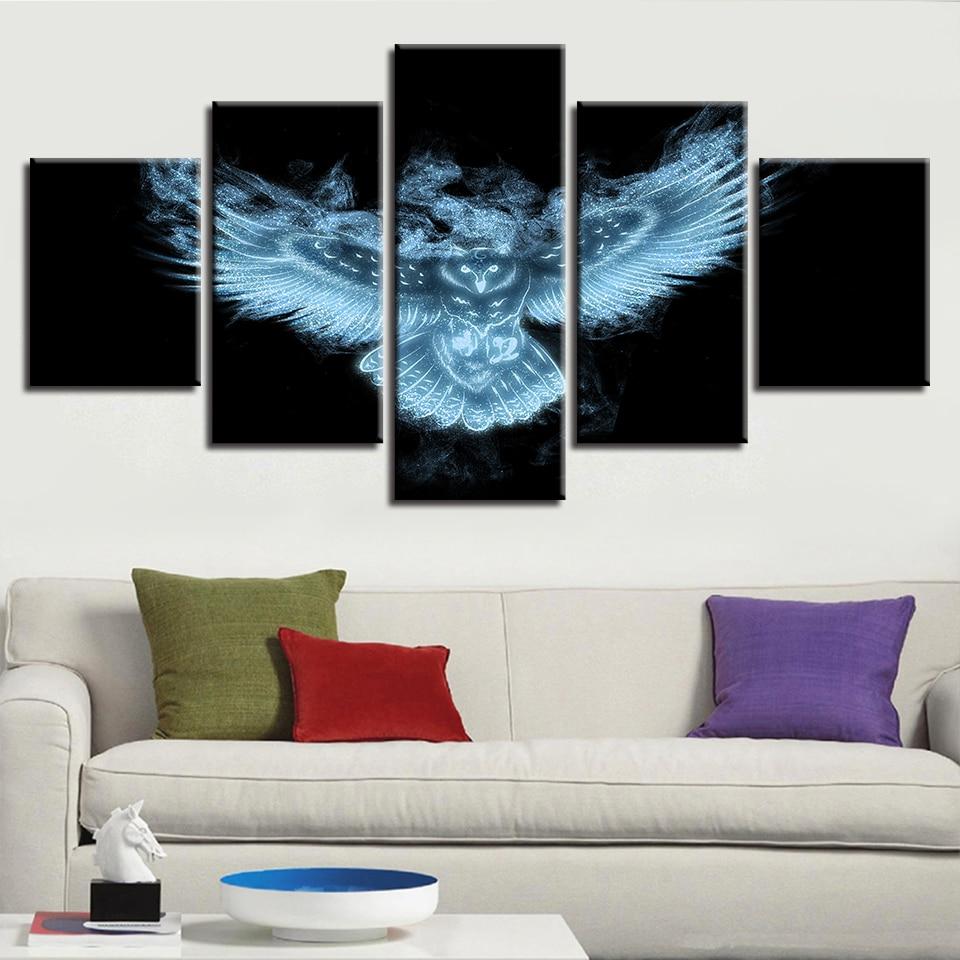 luminous animal owl night view abstract 5 panel canvas art wall decor 8656