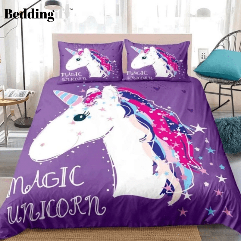 magic unicorn purple background duvet cover bedding set 2414