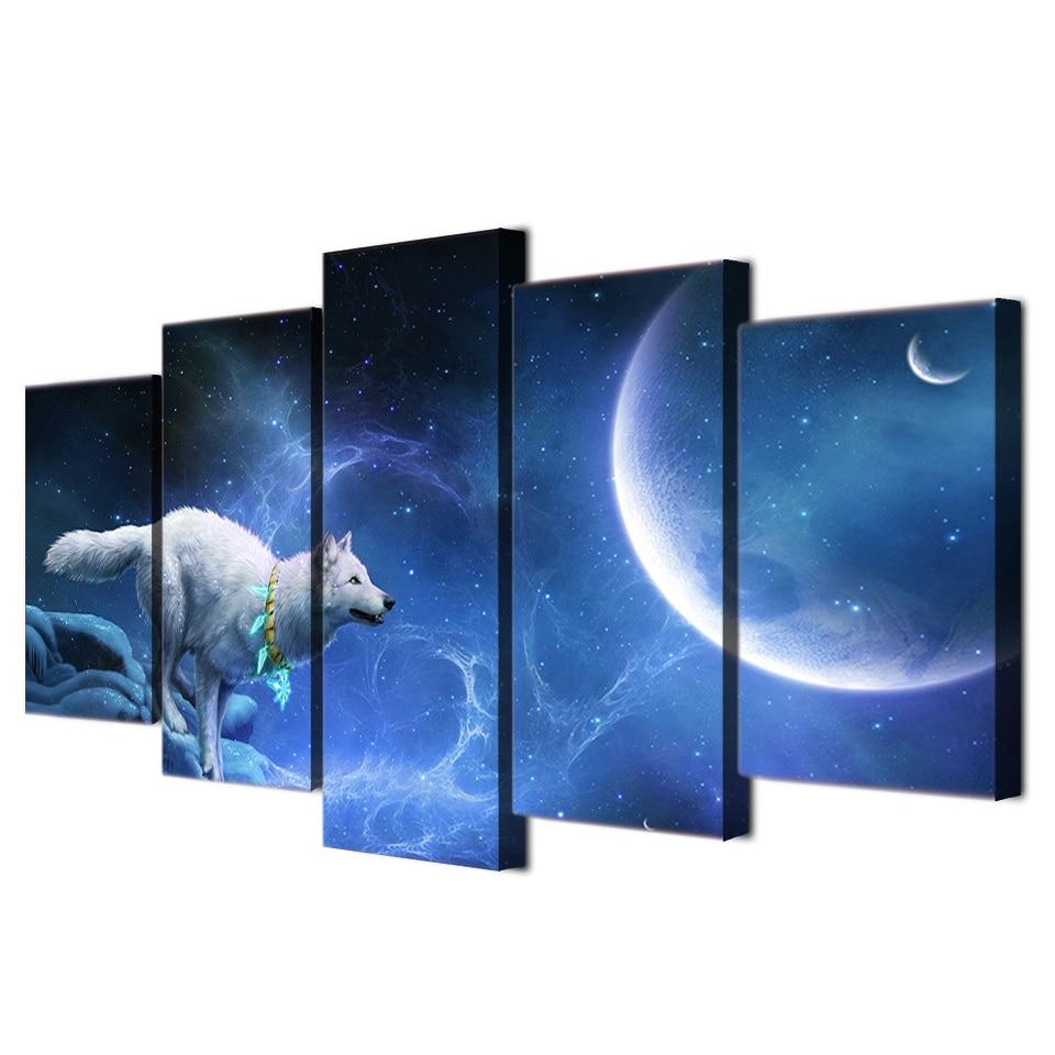 magic white wolf abstract animal 5 panel canvas art wall decor 4056